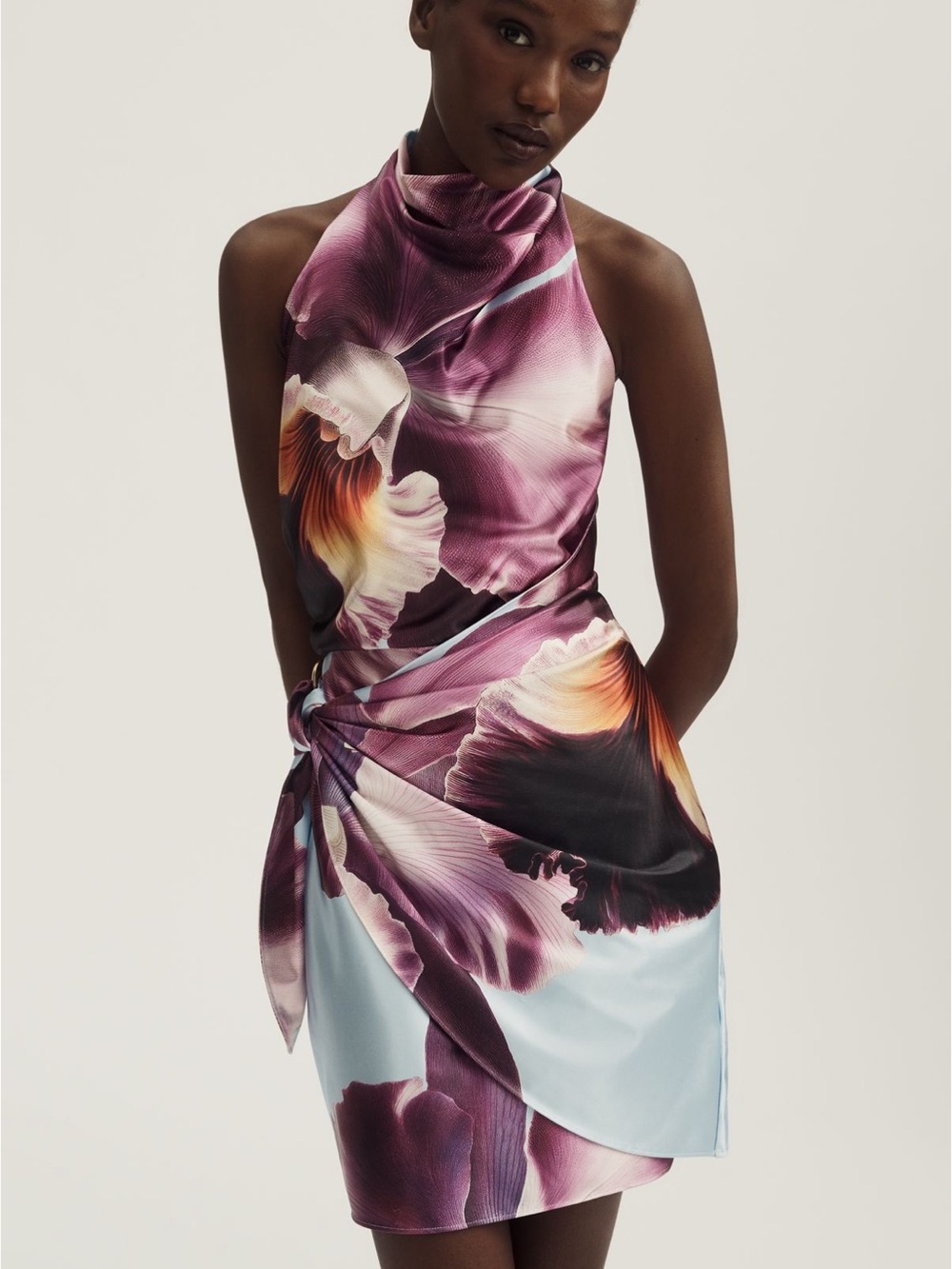 Anthropologie Purple Floral Satin Twist-Detail Mini Dress - Picture 2 of 6